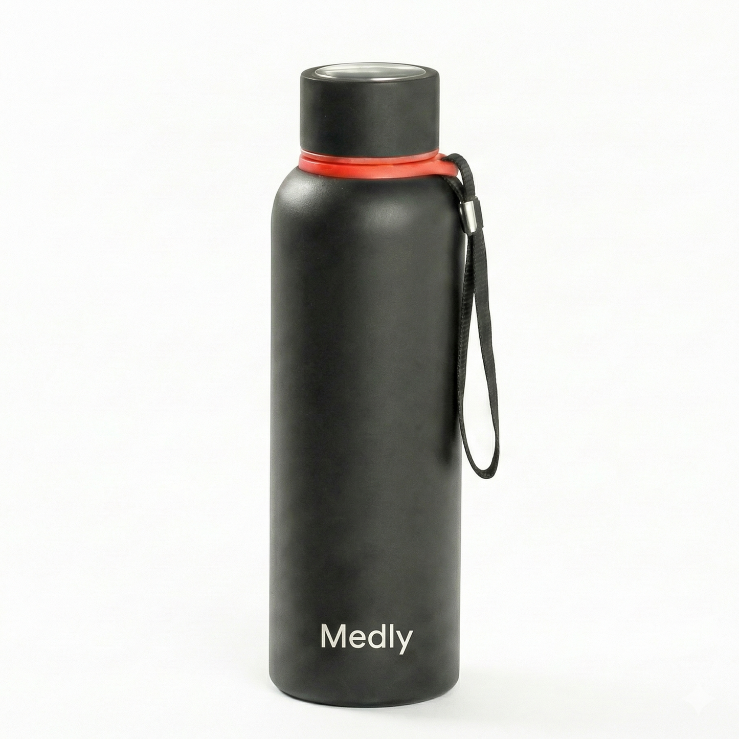 Matte black Medly Prime bottle with a carry strap, designed for commuters. Maintains beverage temperature for up to 24 hours (cold) or 20 hours (hot).