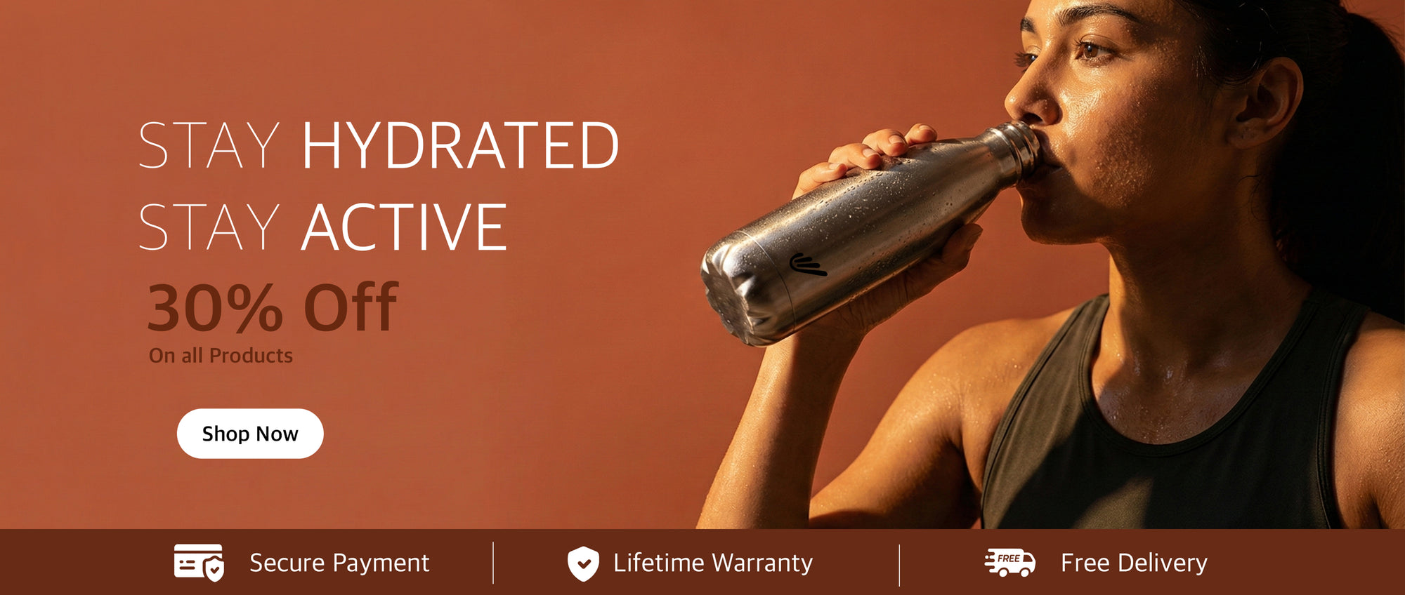 A woman drinking from a Medly stainless steel vacuum flask during a workout, featuring a 30% off sale on all products.