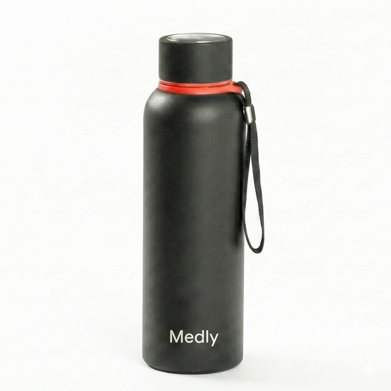 Matte black Medly Prime bottle with a carry strap, designed for commuters. Maintains beverage temperature for up to 24 hours (cold) or 20 hours (hot).