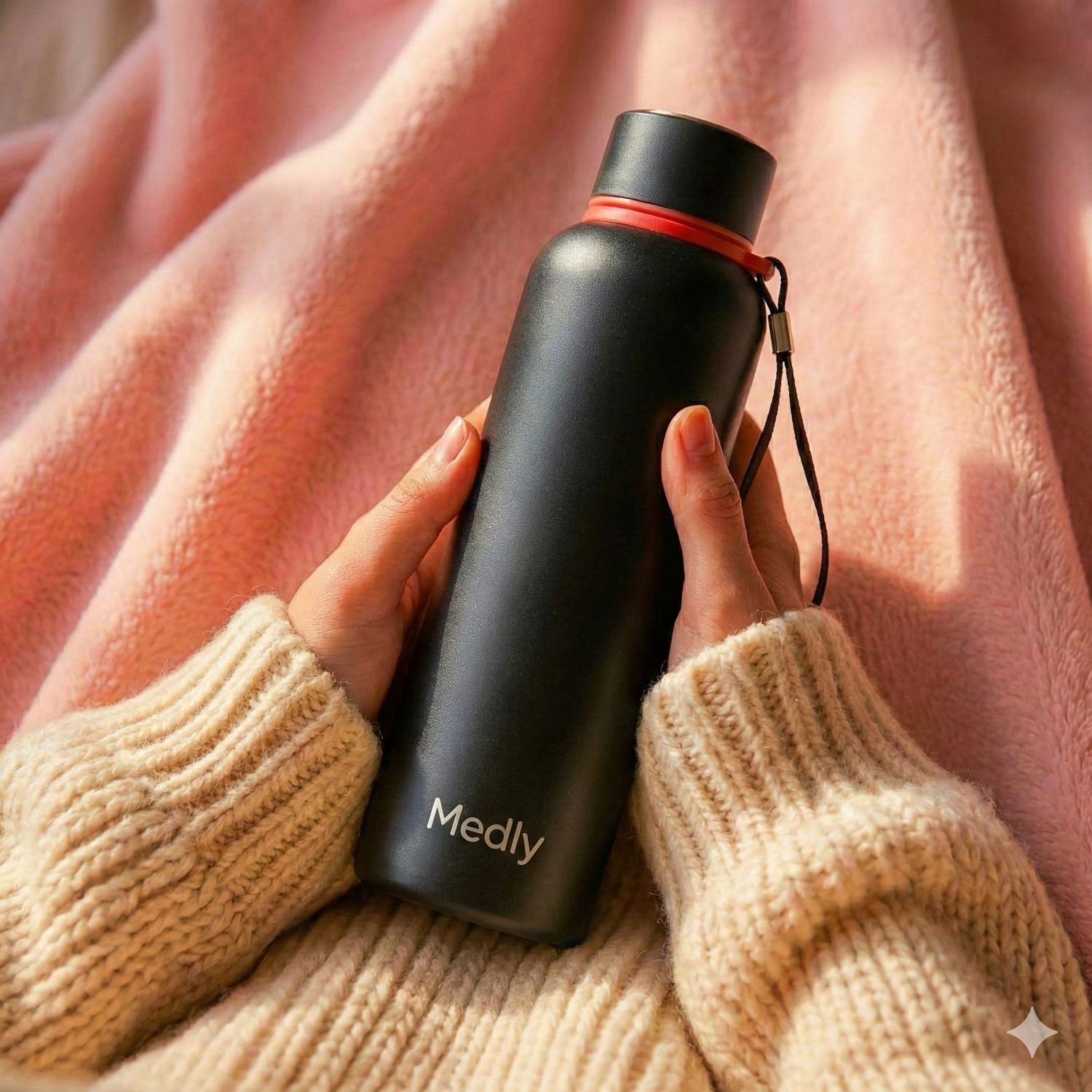 Close-up of hands in a chunky beige knit sweater holding a silver Medly stainless steel vacuum flask against a soft pink blanket background, depicting a cozy winter lifestyle.