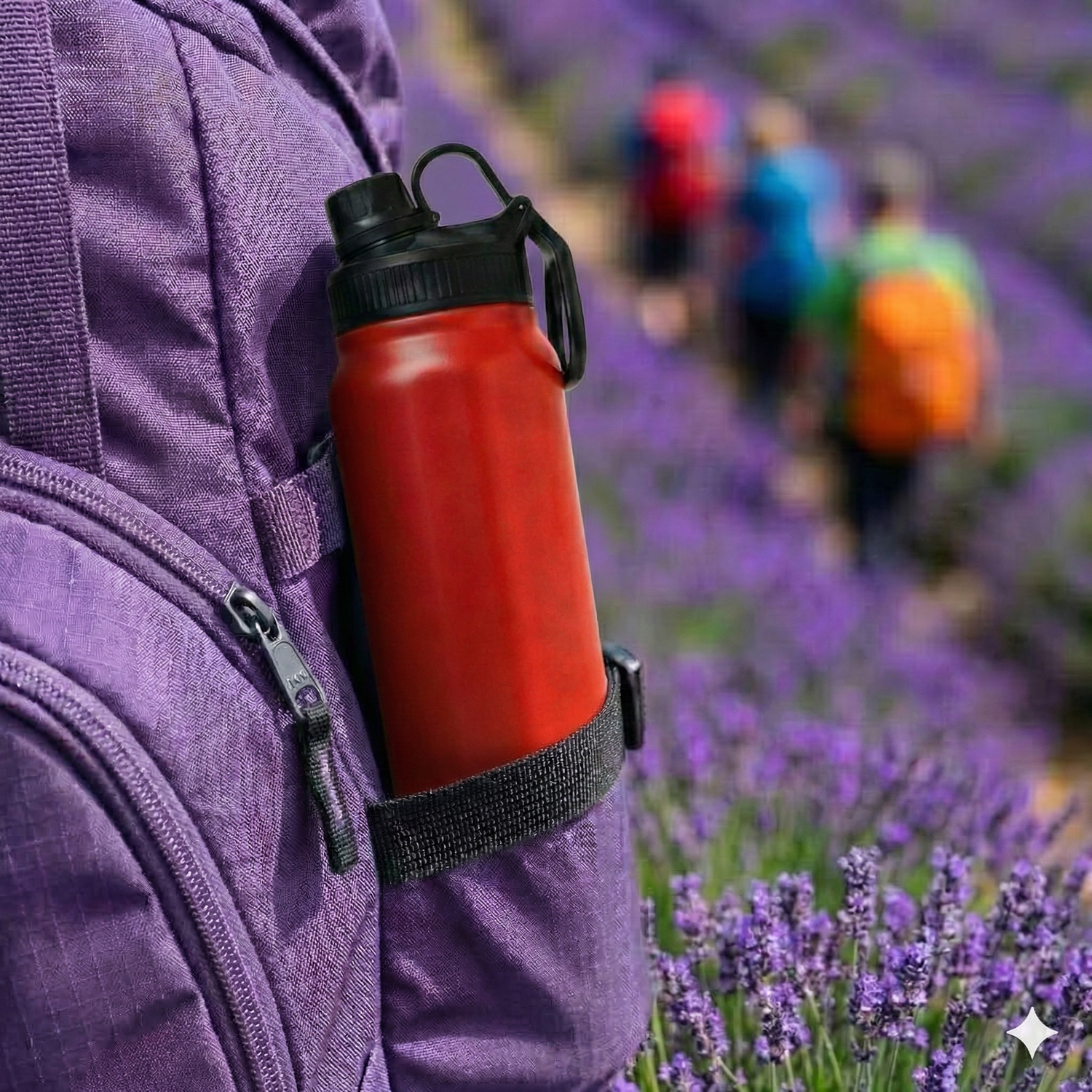Close-up of hands in a beige knit sweater holding a silver Medly stainless steel vacuum flask against a soft pink blanket background.