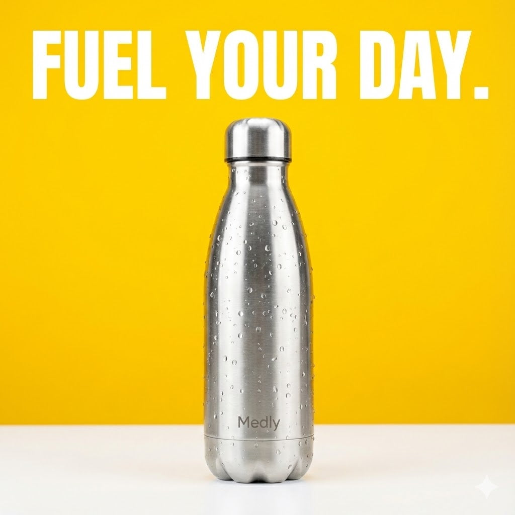 Promotional image featuring a silver Medly stainless steel water bottle with condensation droplets standing on a white surface against a vibrant yellow background, with the text 'FUEL YOUR DAY.' in large white letters at the top.