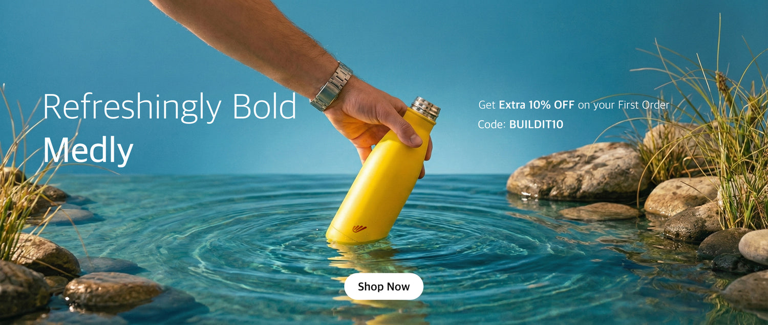 Promotional banner showing a hand dipping a yellow Medly water bottle into clear blue water. Text reads 'Refreshingly Bold Medly' and 'Get Extra 10% OFF on your First Order Code: BUILDIT10' next to a Shop Now button.
